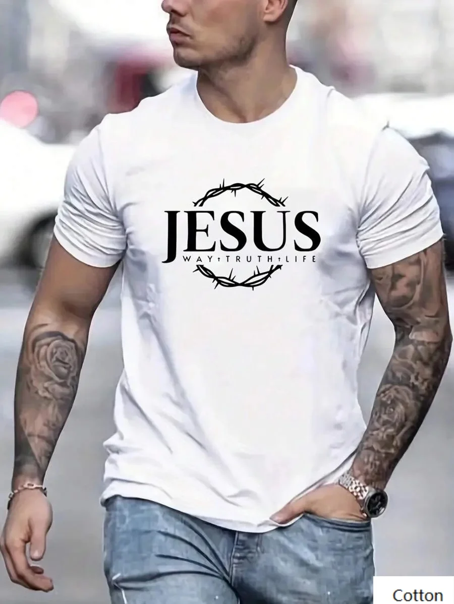 

Cotton Tshirt with Jesus and Crown of Thorns Graphic Ideal for Christian Faith Enthusiast Streetwear Print New Arrival Tee S-4XL