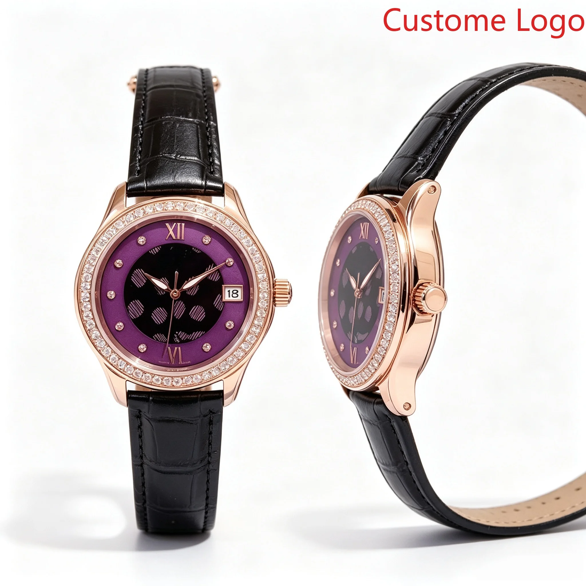 Unique Purple Gradient Dial Ladies Watch Full Crystal Bezel Calendar Rose Gold Case Glossy Black Leather Band Fashion Female Quartz Clock