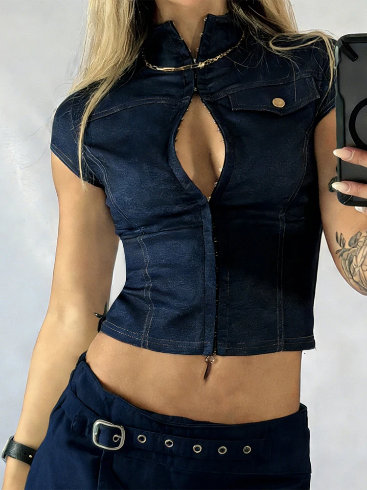 

Women Fashion Dark Blue Zip Up Stand Collar Shirt Classic Solid Color Short Sleeve Fitted Waist Crop Shirts 2026 Street Outwear