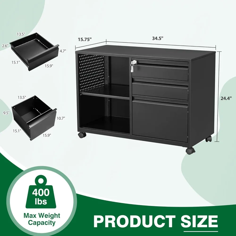 Secure 3-Drawer Metal File Cabinet with Lock, Mobile Lateral Filing System, Printer Stand Storage Cabinet with Shelves for Home