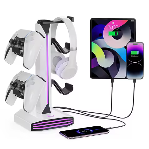 RGB Game Controller Holder Rack with 7 Light Modes, Headphone Stand 2 USB Charging and 1 Type-C for PS5/PS4/Xbox/Switch Pro