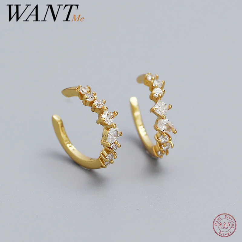 WANTME 925 Sterling Silver Fashion Personality Shiny Zircon Ear Clips for Women Simple Charm No Piercing Cuff Earrings Jewelry