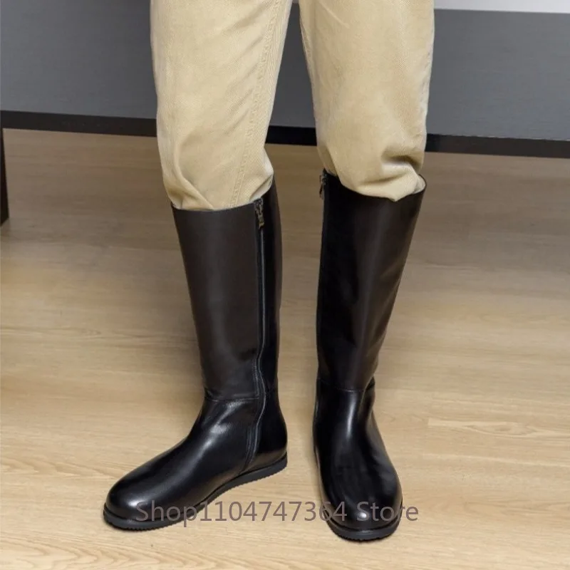 Autumn Winter Genuine Leather Knee High Long Riding Leather Boots Men's Shoes Cowhide Fashion Side Zipper Knight Boots Male
