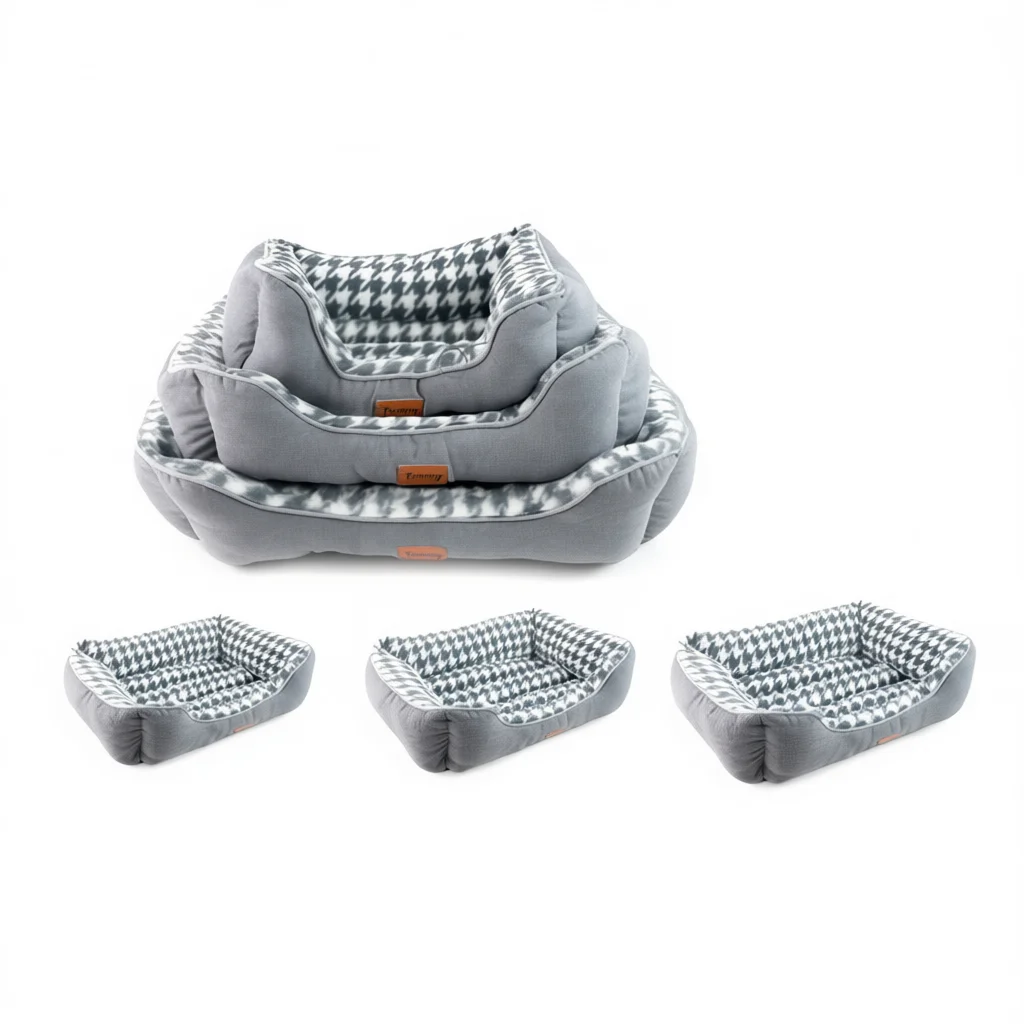 Grey dog bed three-piece set, designed with sand-colored thousand bird grid, with coral fleece rectangular nest, boxed, soft