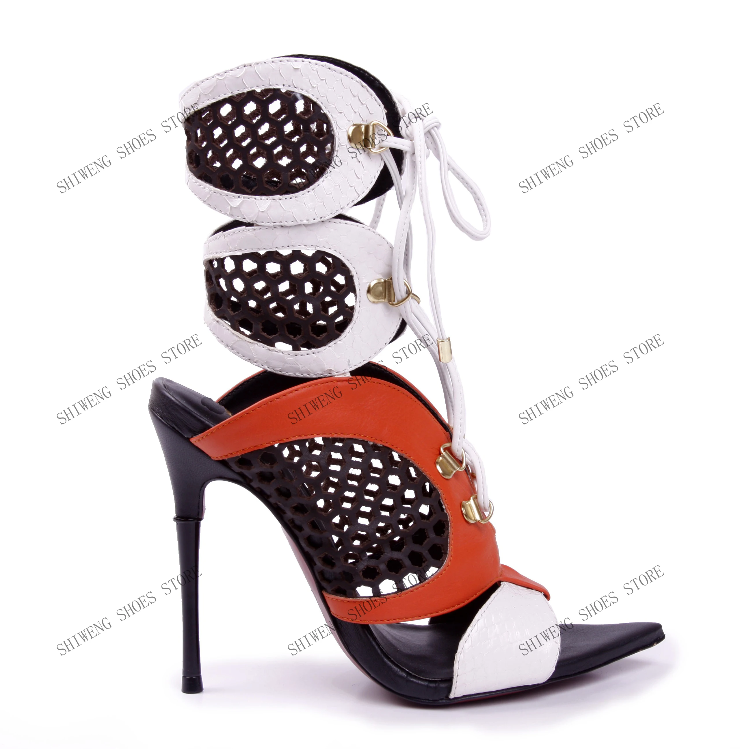 2026 Women Peep Toe Corss Tied Patchwork Ankle Boots Sexy Thin Heel New Arrivals Fashion Women Mesh Shoes