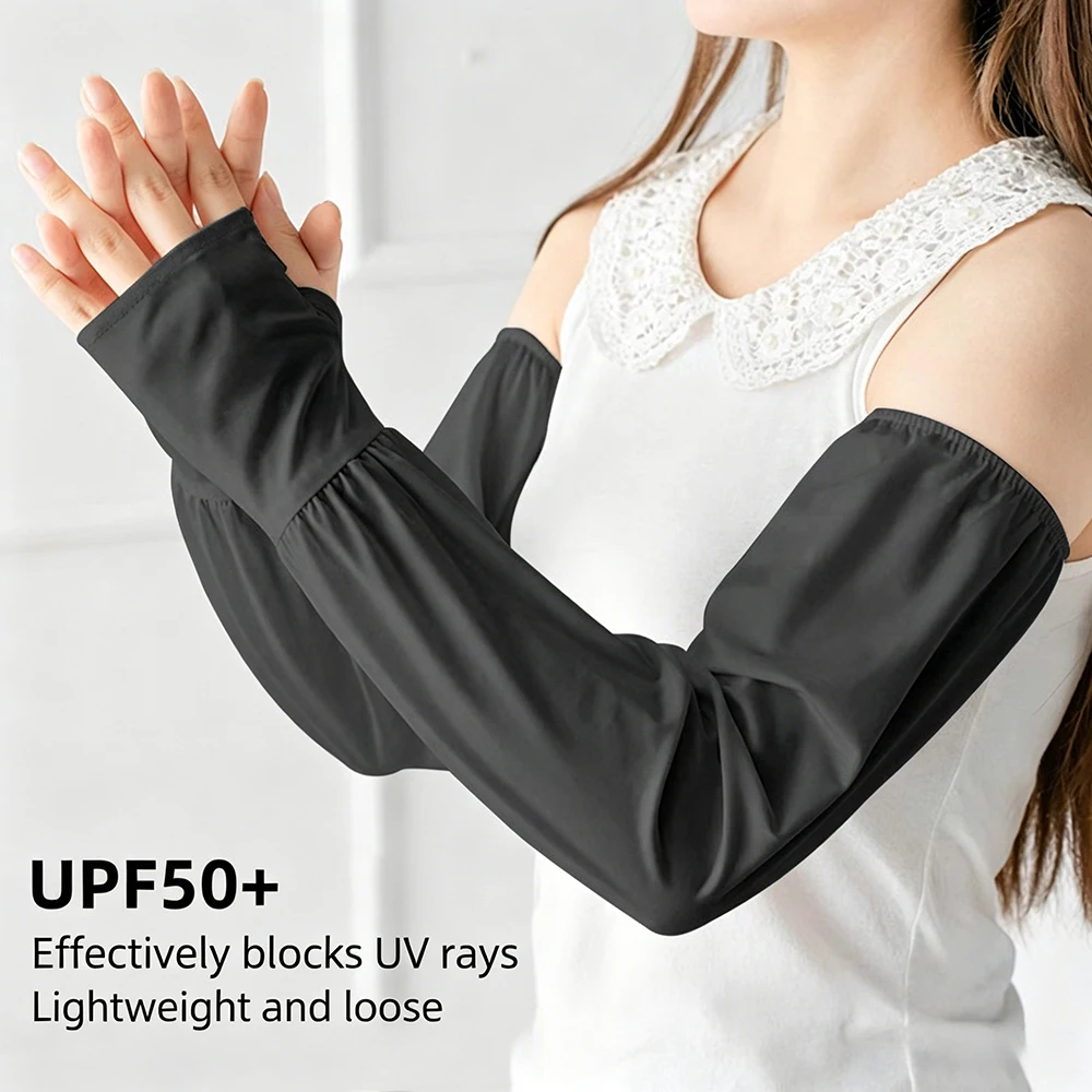 Women's Summer Ice Silk Sun Protection Sleeves UPF50+ UV Block Loose Arm Covers for Cycling Driving Solid Color with R Letter