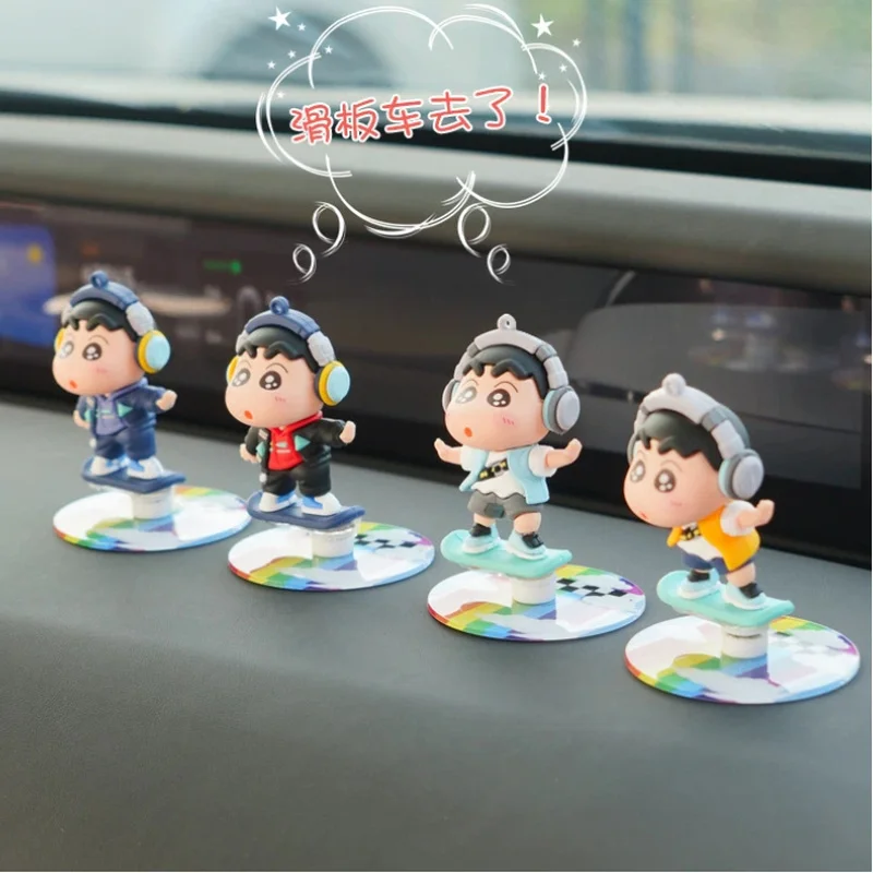 Anime Japanese Crayon Shin Skateboard Doll Car Rotation And Drift Ornaments Car Center Console Car Mini Pvc Toy Decoration Gift