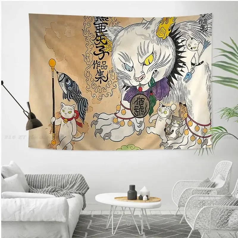 Japanese Samurai Tattoo Cat Anime Tapestry Hanging Tarot Hippie Wall Rugs Dorm Wall Art Decor