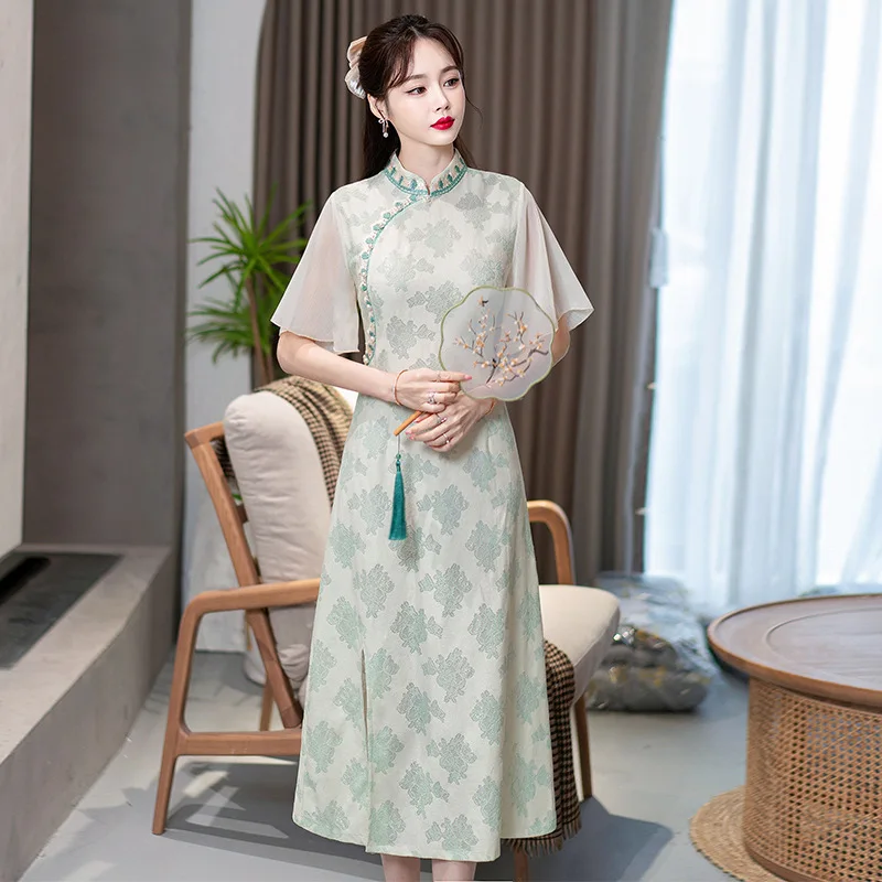 

Inverted Big Sleeved Green Cheongsam 2023 New Elegant High-end Young Girls Improved Fresh Vintage Summer Chinese Qipao Dress