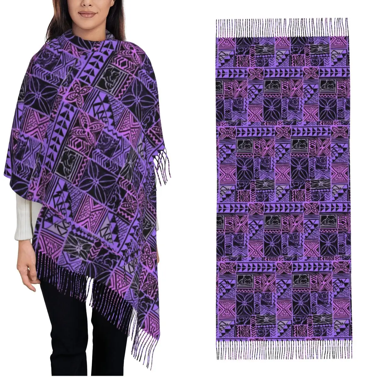 Womens Tassel Scarf Polynesian Tongan Orchid Tapa Long Winter Fall Shawl Wrap Tribal Gifts Pashmina Scarves