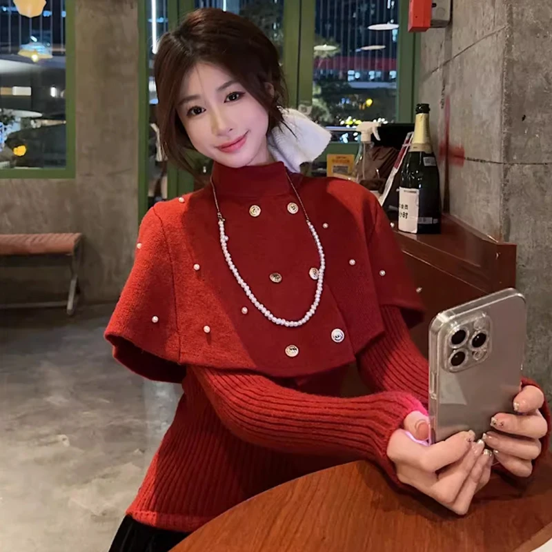 

Корейская модная женская двубортная накидка с бисером, шерстяной вязаный свитер, осень-зима, пуловеры с длинными рукавами, топы из двух предметов