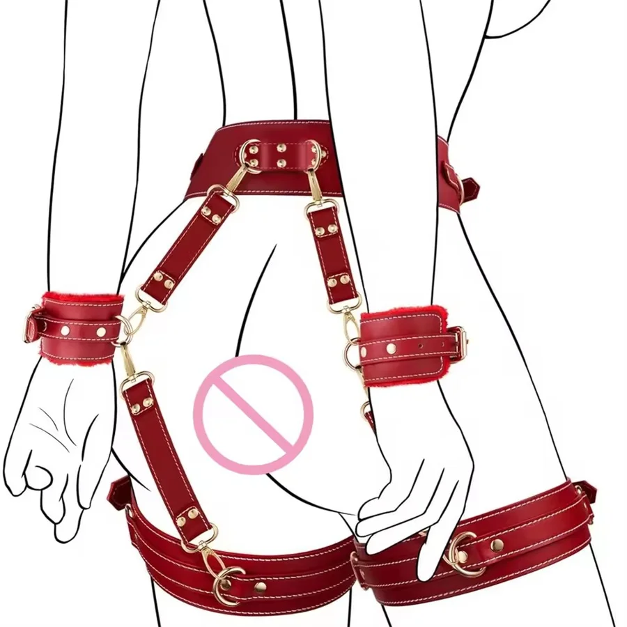 Juego de Bondage SM, juguete BDSM, incluye pretina, muñeca y amp, puños hasta el muslo, hebilla cruzada, juegos para adultos, ataduras, esposas, manguito de pierna, juguete sexual