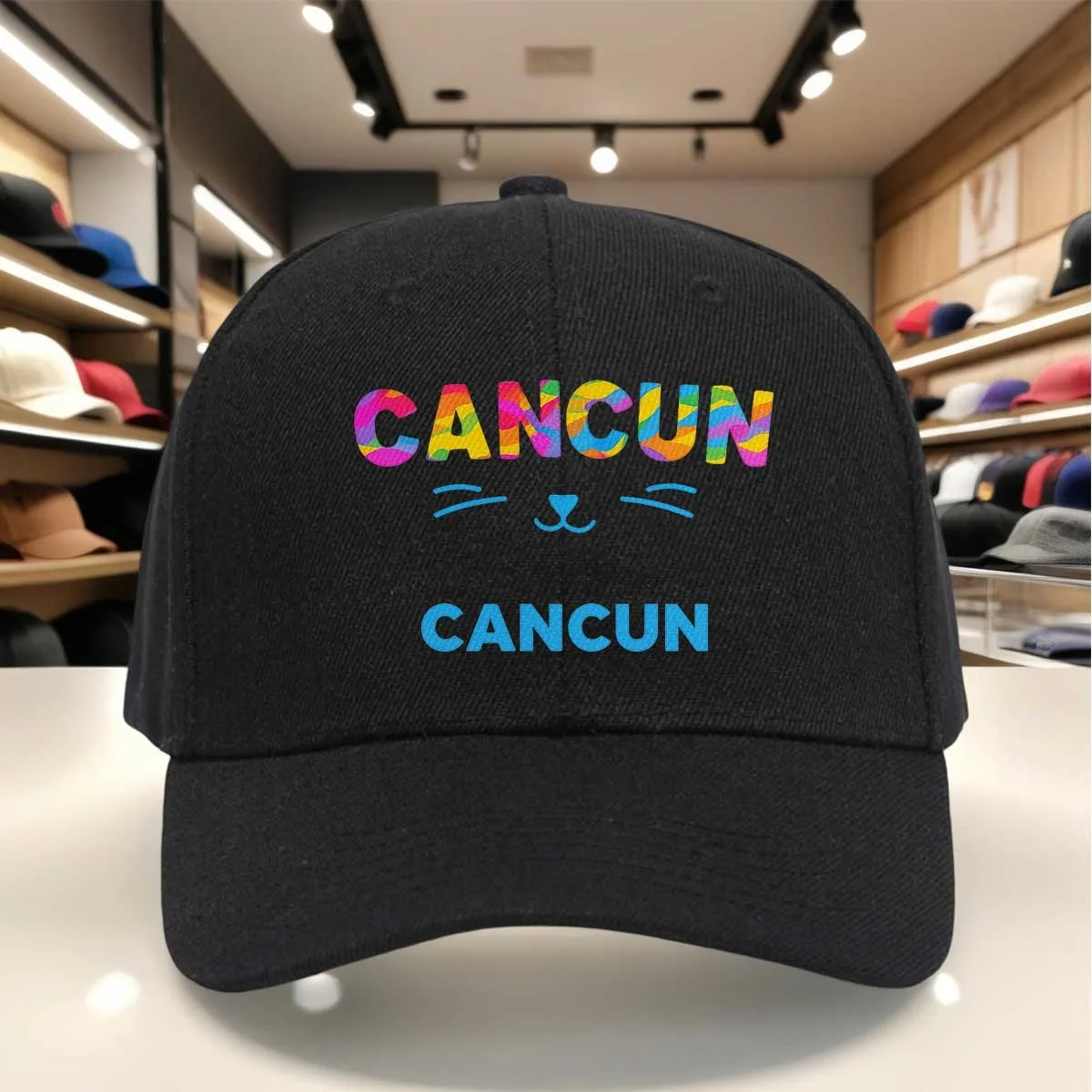 Vibrant Cancun Cat Face Pattern Baseball Cap, Colorful Letter Print Adjustable Hat for Tropical Vacations And Beach Outings