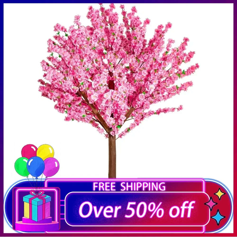 Artificial Peach Trees Indoor Decor: 7FT Tall Handmade Natural Faux Tree, Artificial Fake Trees with Wood Trunk and Pink Flowers