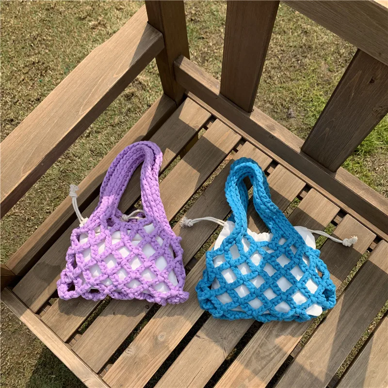 JIOMAY Mini Crochet Bag for Women 2024 Top Handle Purse and Handbag Girls Shopper Cotton Thread Knitting Hollow Bucket Tote Bags