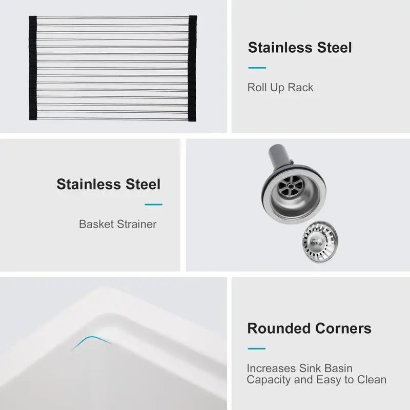 حوض مطبخ منسدل لمحطة العمل المركب من الجرانيت الأبيض مقاس 33 × 22 بوصة #6