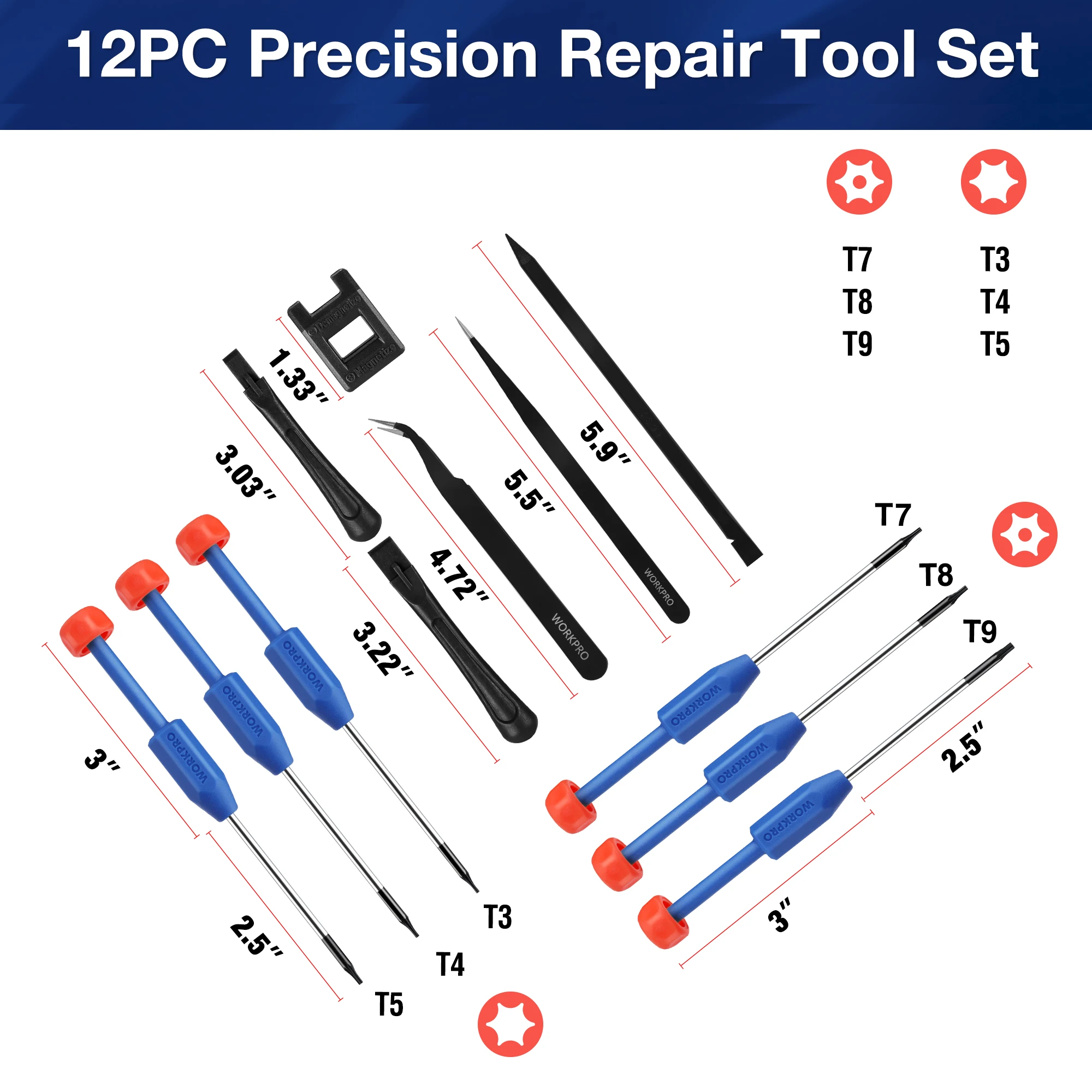 WORKPRO 12 in 1 Torx Screwdriver Set for Eyeglass Watch Computer Phone with T3 T4 T5 T6 T8 T10 Security Torx Bit