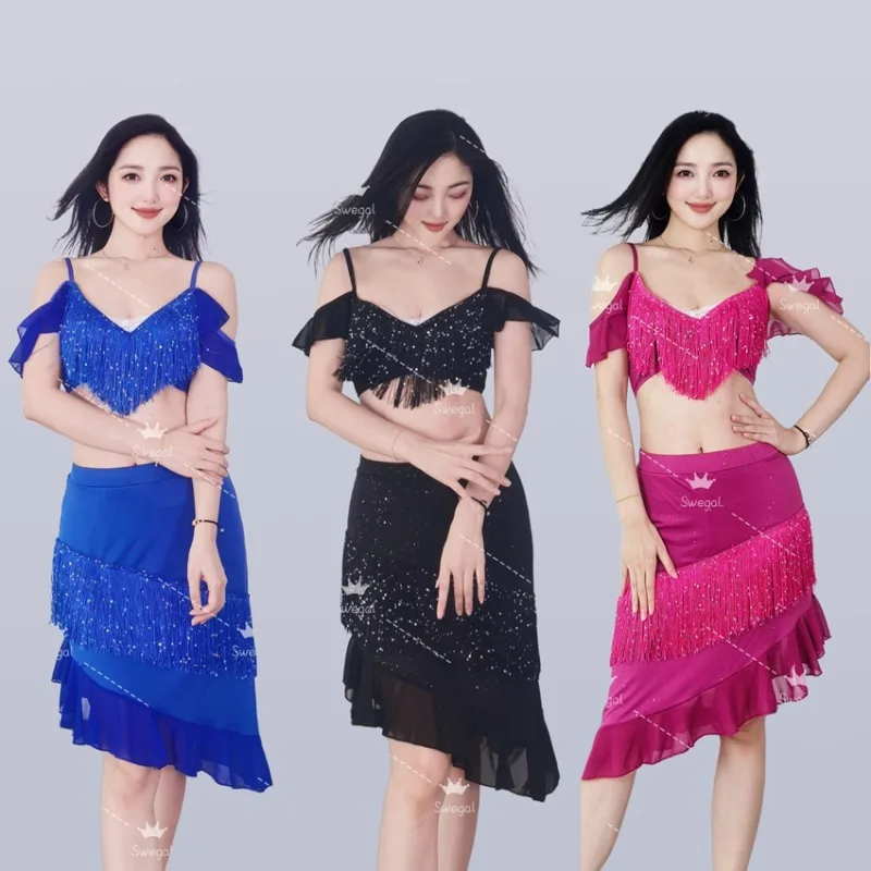 

Индивидуальный костюм для танца живота, тренировочное платье для восточных танцев, динамическая вдохновляющая короткая юбка с кисточками и блестками, сексуальный комплект