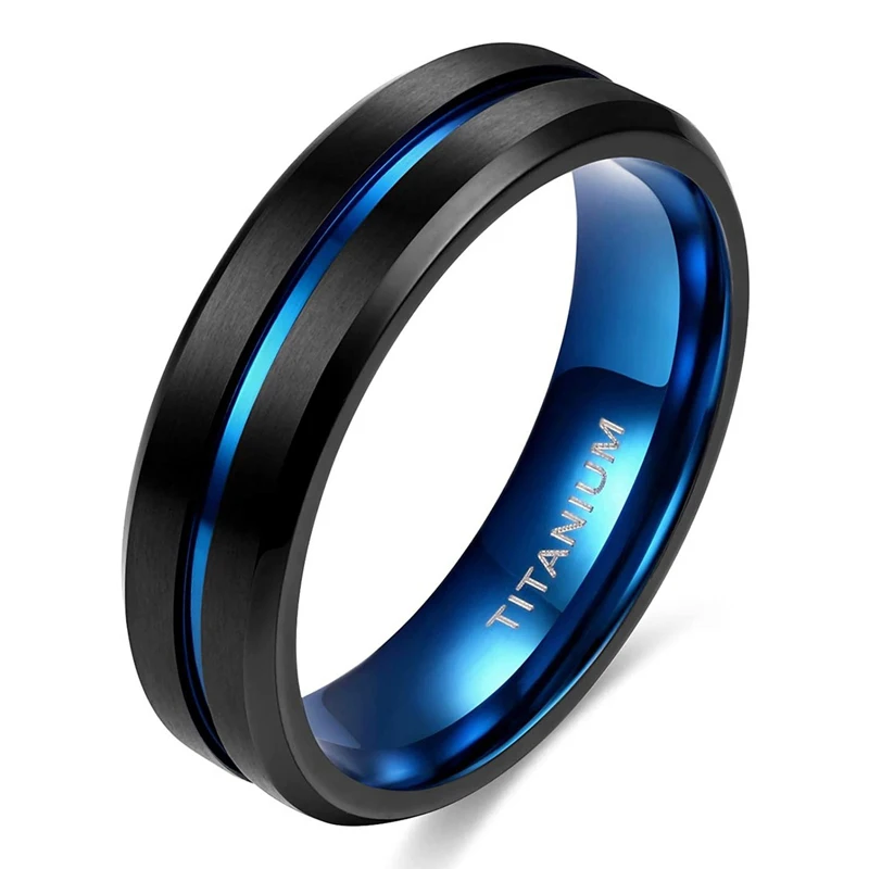 Tigrade Titanium Ring 6mm 8mm 10mm Black Blue Centre Groove Wedding Band Comfort Fit Matte for Men Women