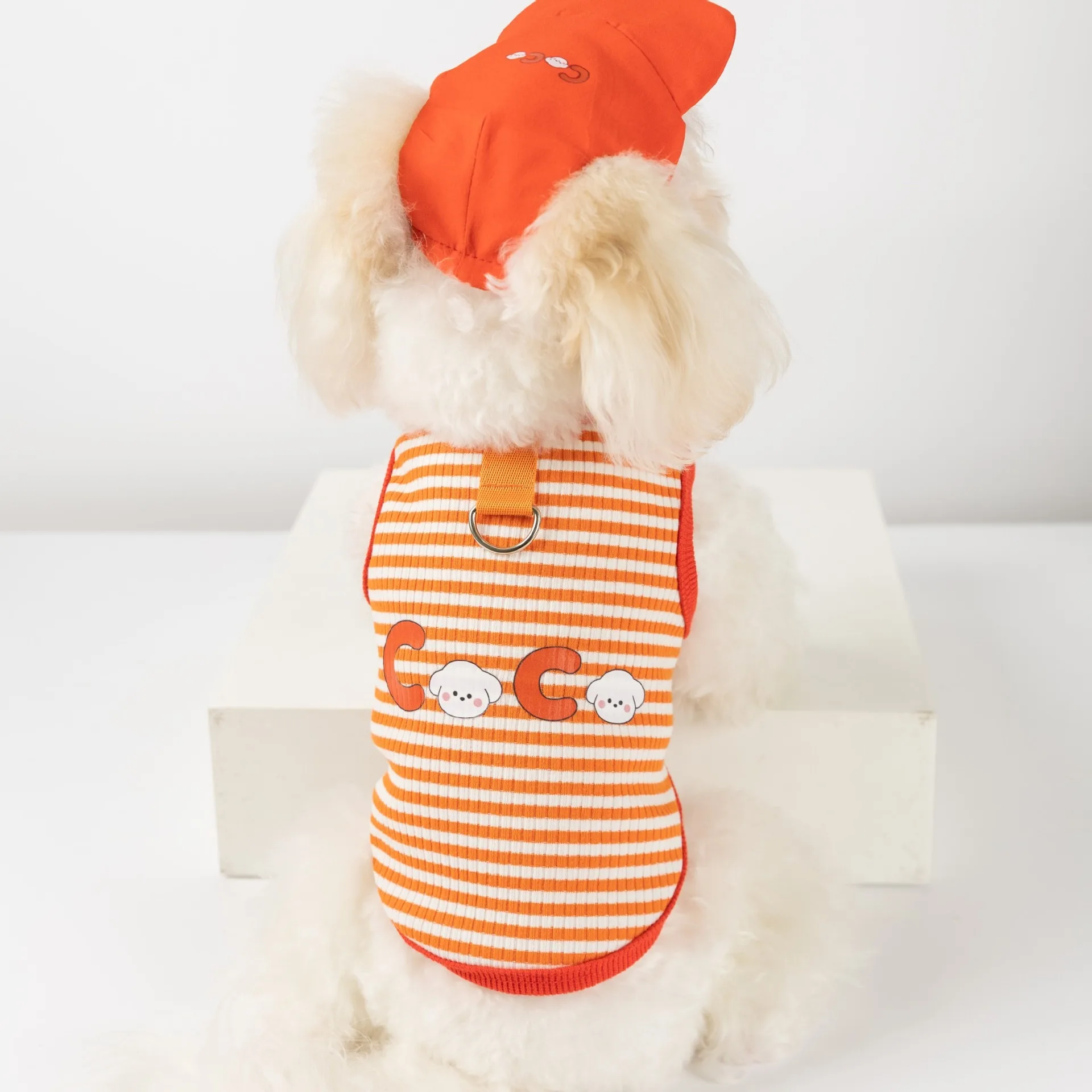 

Orange Striped Puppy Vest Summer Dog Clothes Outdoor Leashable Sling Small and Medium Dogs Casual Clothes with Hat