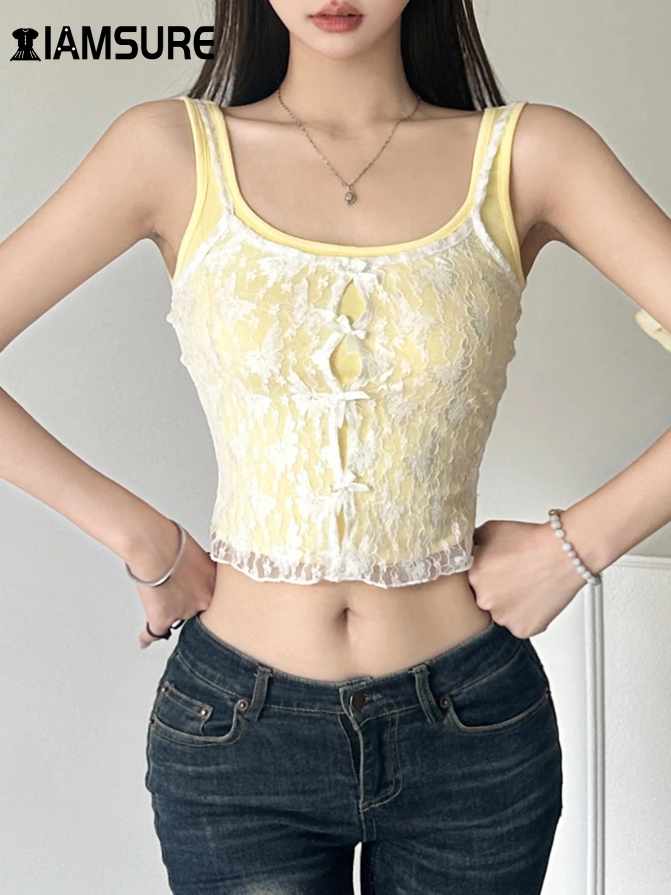 

IAMSURE Сладкая косметика кружевные банты камуфляжные блузки сексуальные косые воротники жилеты без рукавов дамы летняя мода 2024