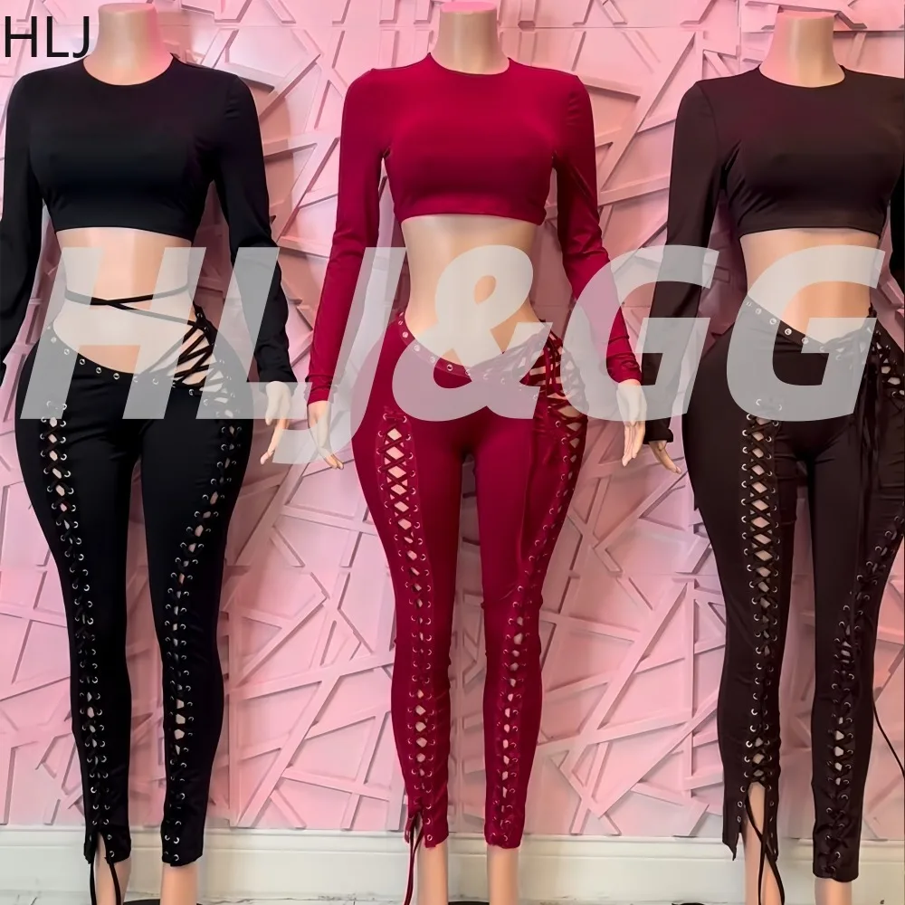 HLJ Y2k Fashion Bandage Patchwork Two Piece Outfits Woman Solid Color Long Sleeve Crop Top and Pants Matching Female Streetwear