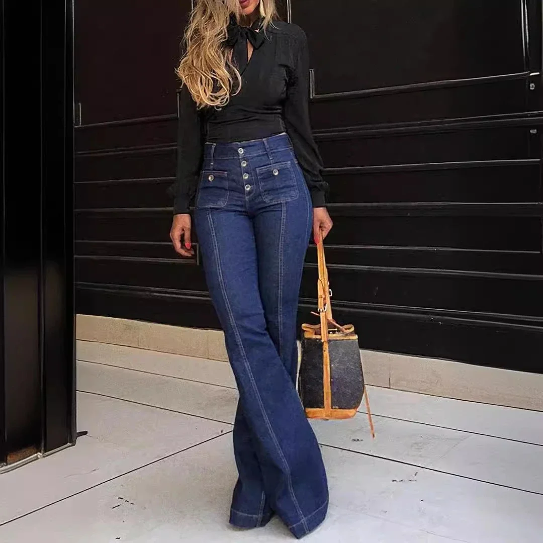 

Retro Women Jeans Spring and Summer 2025 High Waisted Patchwork Denim Stretch Slim Fit Flared Pants for Female Elegant Trousers