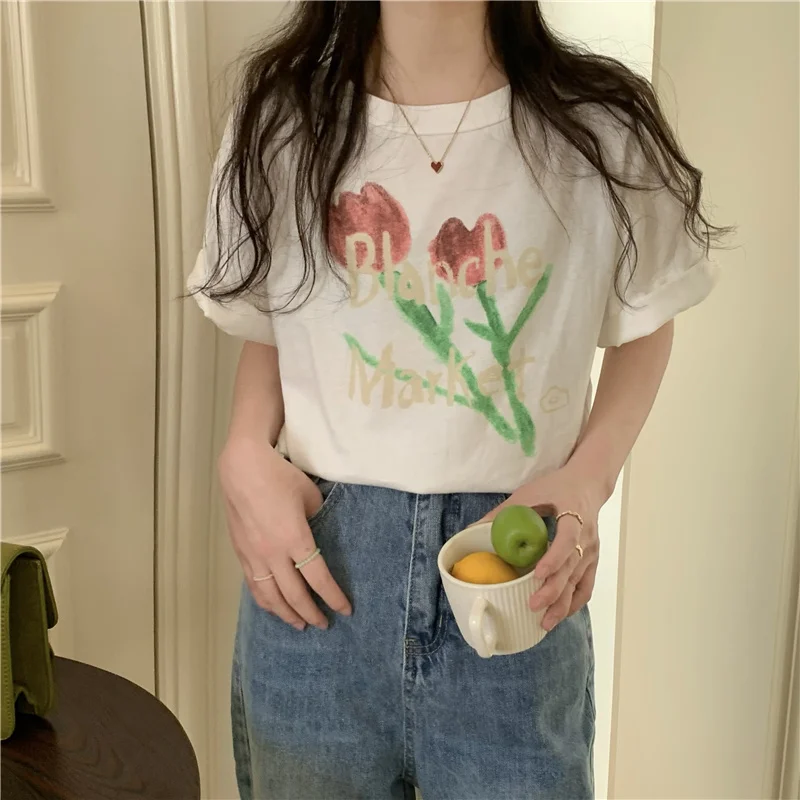 Casual Loose Ins Cotton T-shirt Women Summer Korean Short Sleeve Basic Tees Tops Graffiti Print Graphic Streetwear Tshirt Female