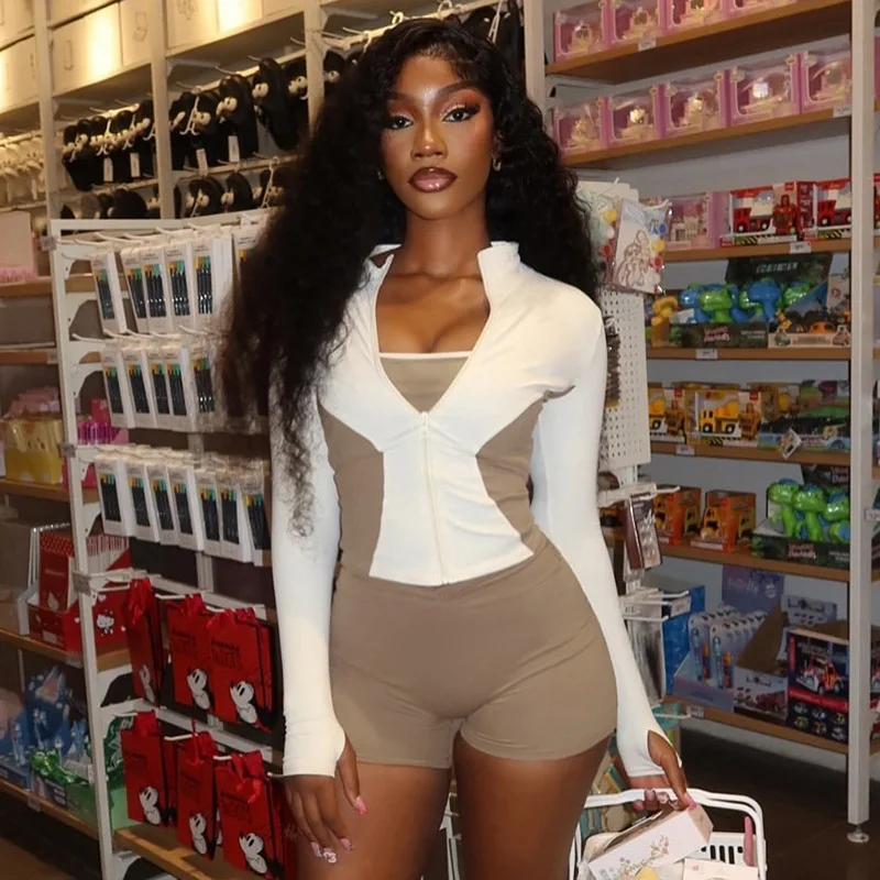 

STYLISH LADY Лоскутный комплект для фитнеса из 2 предметов, женский топ на молнии с длинными рукавами и шорты, костюмы, 2024, летние сексуальные уличные костюмы для фитнеса