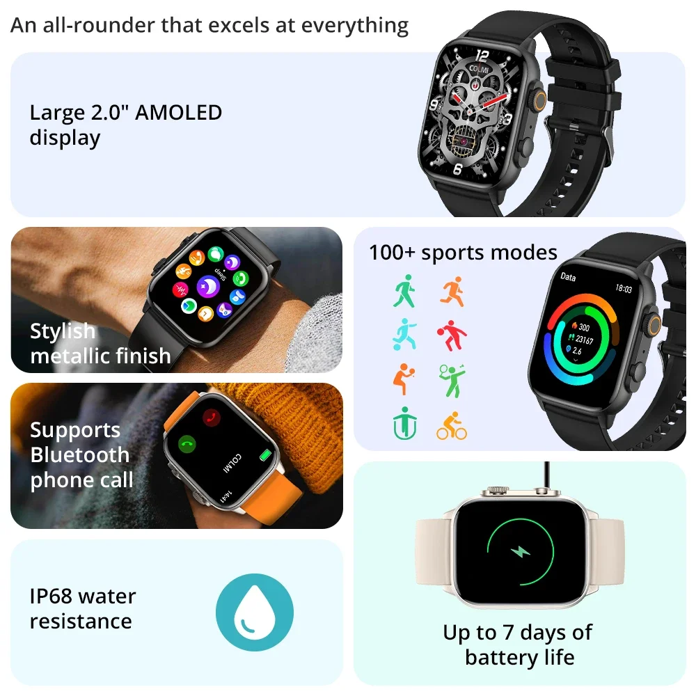 Men Women IP68 Waterproof Smart Watch 2.0'' AMOLED Smartwatch Support AOD 100 Sports Modes