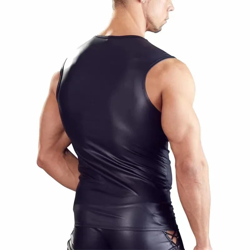 S-7XL Mens Sexy PU Tank Tops Sleeveless Erotic Shaping Sheath Stretch Shirts Soft Latex Bodycon Patent Leather T-shirts Sexi