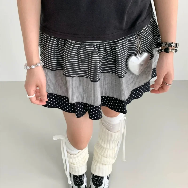 Y2k Polka Dot Striped Cake Skirt Women 2025 New High Waisted A-line Mini Skirts Hotsweet Fashion Versatile Y2k Faldas