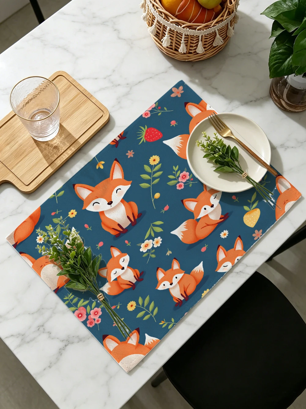 Printed Placemats for Dining Table Kitchen Holiday Parties Cute Foxes On Blue Background