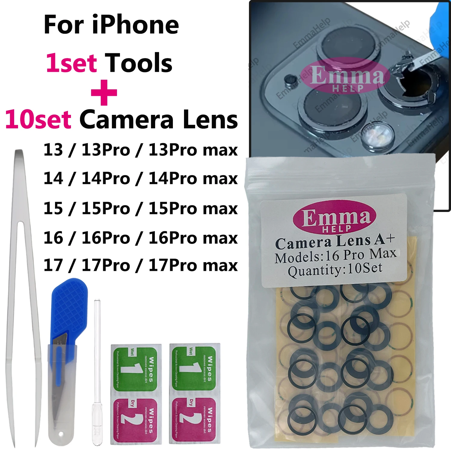 10set Back Camera Glass Lens for iPhone 16 17 15 Pro Max 14 Plus 13 Pro Max Rear Camera Glass Repair Kits