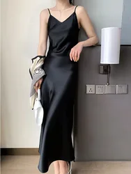 2022 Elegant Women Dress Summer Sexy V-Neck Korean Satin Party Long Spaghetti Strap Dresses Casual Sundress Vestido Mujer