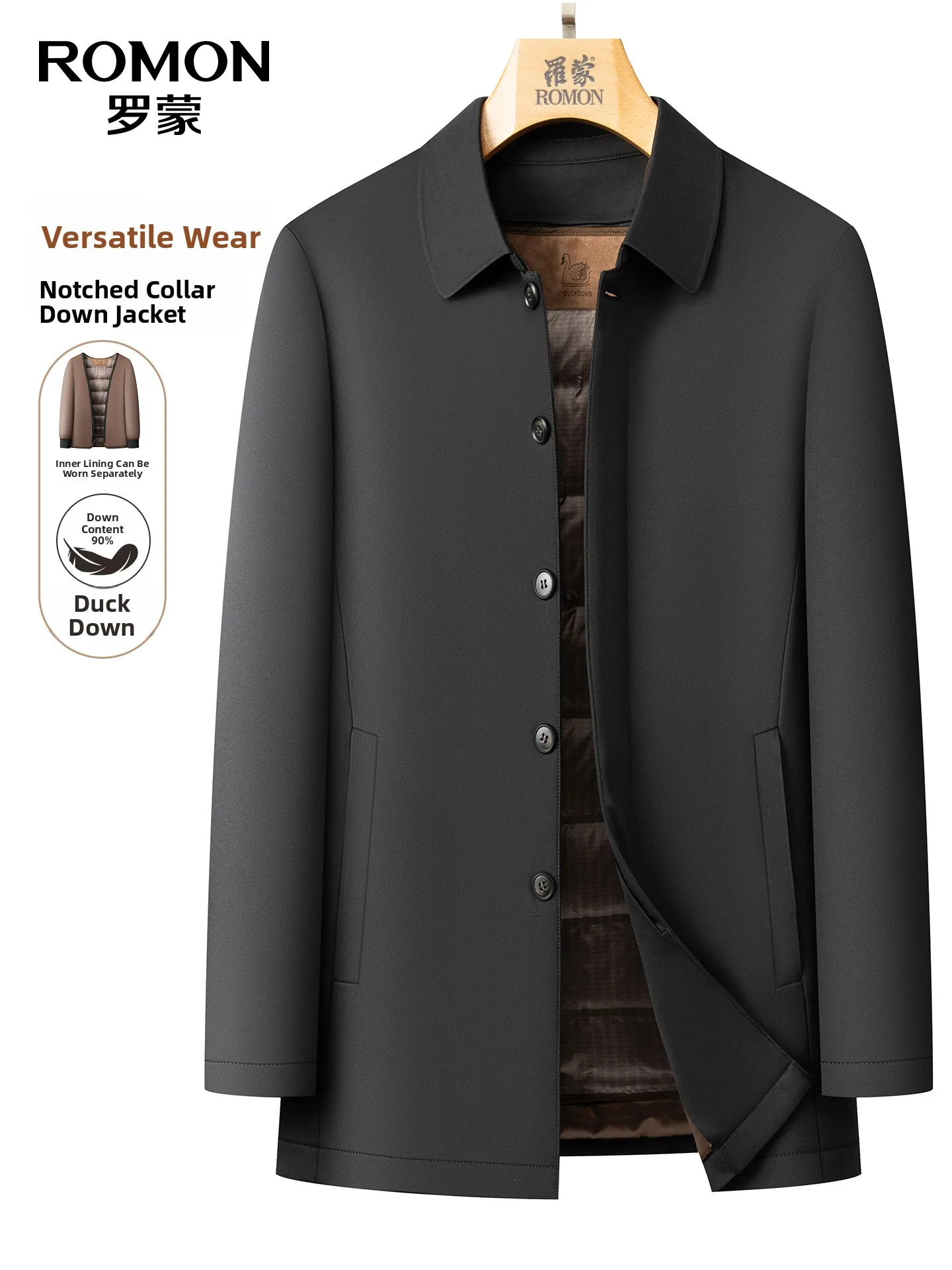 Lormen Men's Thickened Warm Detachable Inner  down Jacket Breathable Winter Outdoor City Casual Standard Fit Coat