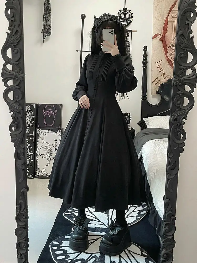 Harajuku Gotico Grunge Y2k Abito in pizzo Donna Anni 2000 Estetica Sexy Sottile Abiti da festa Coreano Fashion Design Nero Abito lungo da ballo