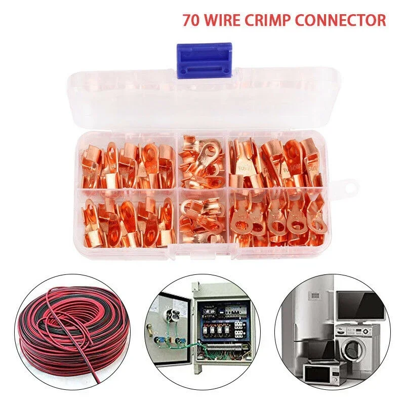 70pcs Copper Tube Terminals Battery Welding Cable Lug Ring Crimp Connectors Kit Open Barrel Copper Ring Lug Terminals