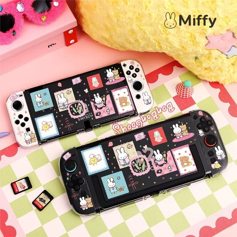 Hot Miffy Console Case for Nintendo Switch OLED V2 Battery Version Clear Glitter Stamp Print Full Cover Hard Shell Anti-Fall Set