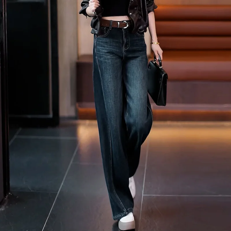 بنطال جينز ضيق مبطن بالصوف للنساء للتخسيس بنطال سميك عتيق مستقيم الساق