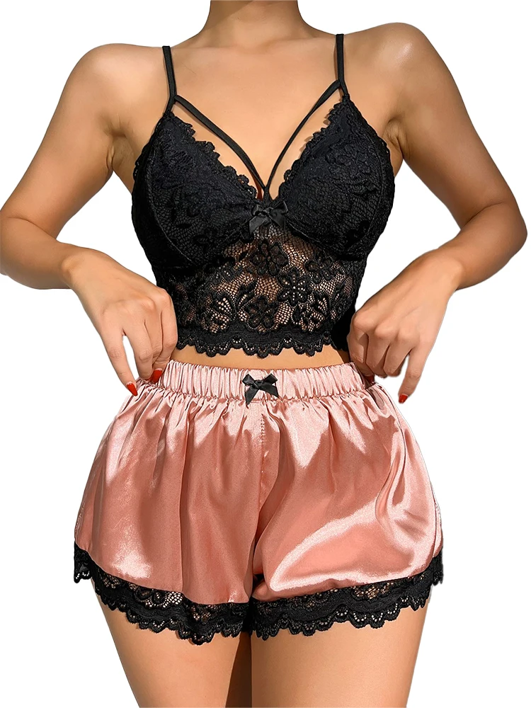 Women\'s Pajamas Set Sexy Transparent  Black Lace Tight Tank Top + Silk Shorts 2pcs Nightwear Summer Home Clothes