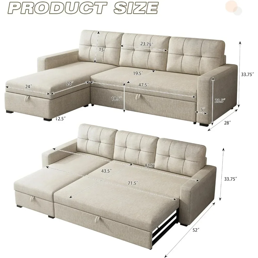 81.5" Sectional Sleeper Sofa with Storage Chaise, L Shaped Pull Out Couch Bed with 3 Removable Back Cushion for Living Room,Apar