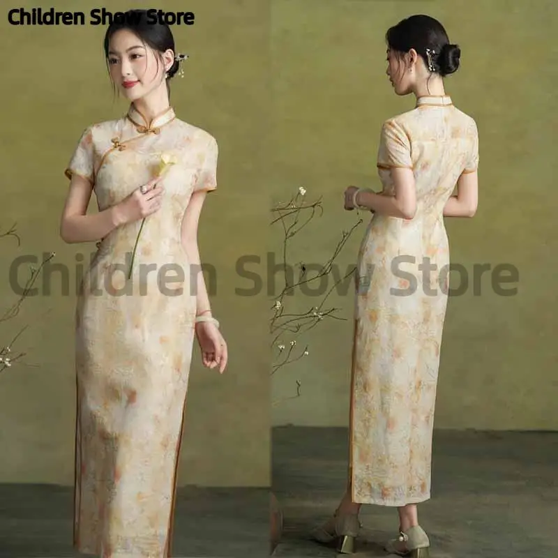 

Women Summer Improved Long Qipao Vintage Button Embroidery Flower Chinese Dress Mandarin Collar Cheongsam Elegant Vestidos ﻿
