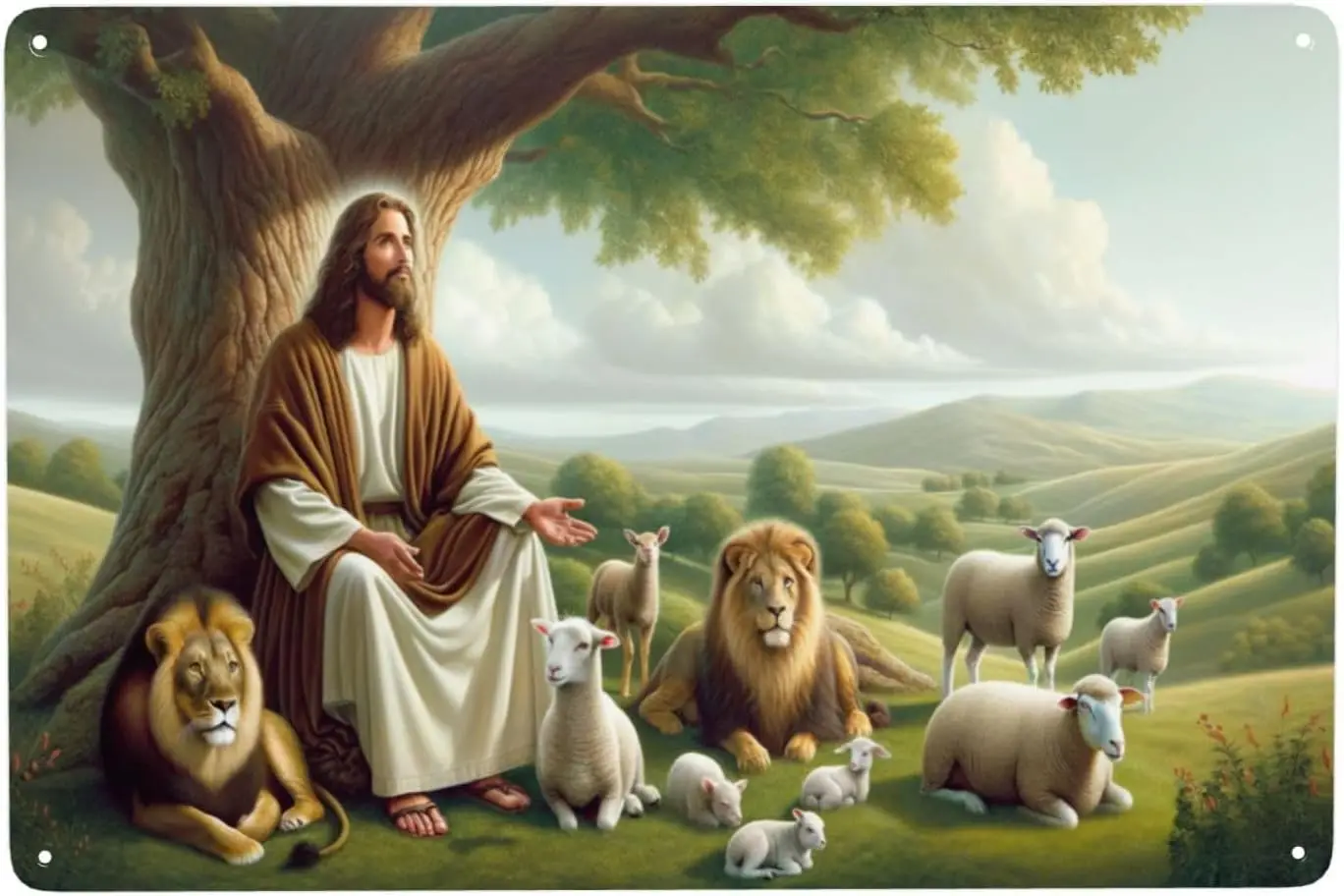 Peaceful Shepherd & Lions Metal Tin Sign - Serene Wall Art Decor - Vintage Antique Style Home Decoration - Inspirationa goo sign