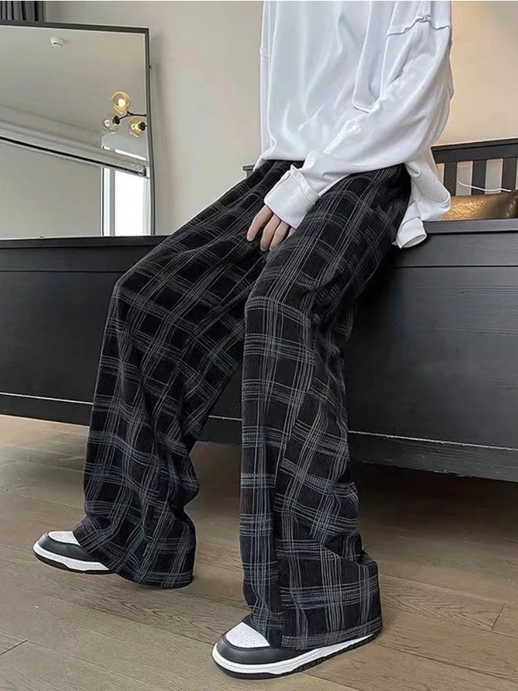 Pantalon à carreaux décontracté pour hommes, nouvelle mode, jambes amples et droites, coréen, beau, Long, Harajuku, Hip-hop