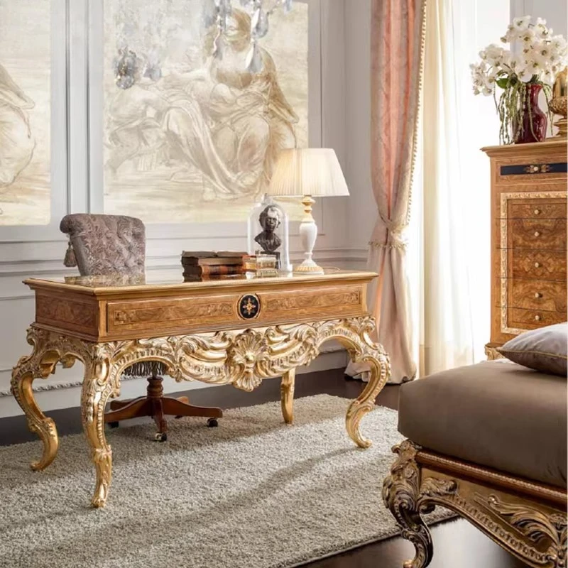 

European study furniture, solid wood carving desk, large and small apartment writing desk, book chair