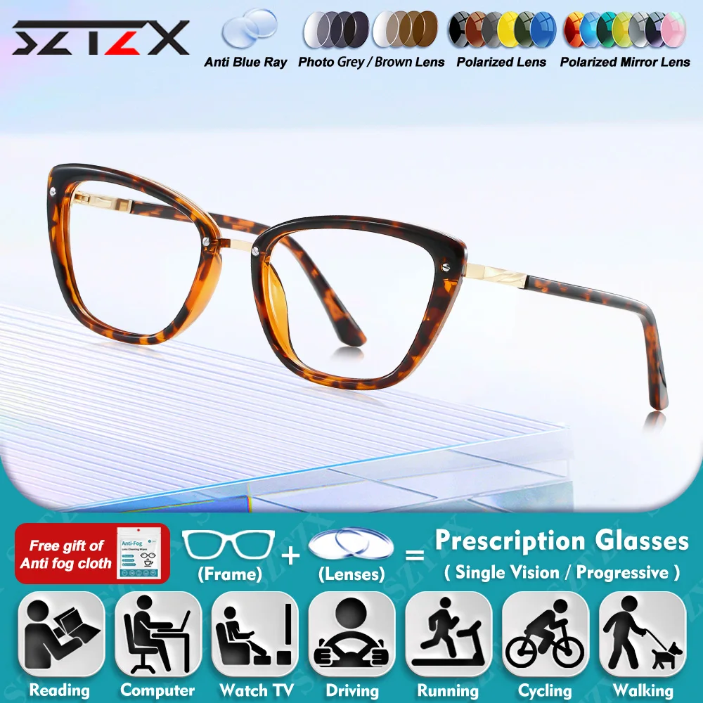 

SZTZX Fashionable Women Cat Eye Frame Office Anti Blue Ray Prescription Glasses Myopia Photochromic Progressive Reading Eyeware