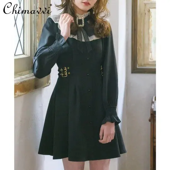 

Sweet Girlish Short Dress for Women 2023 Summer New High Waist Slimming Dress Temperament Student Long Sleeve Lolita Dress