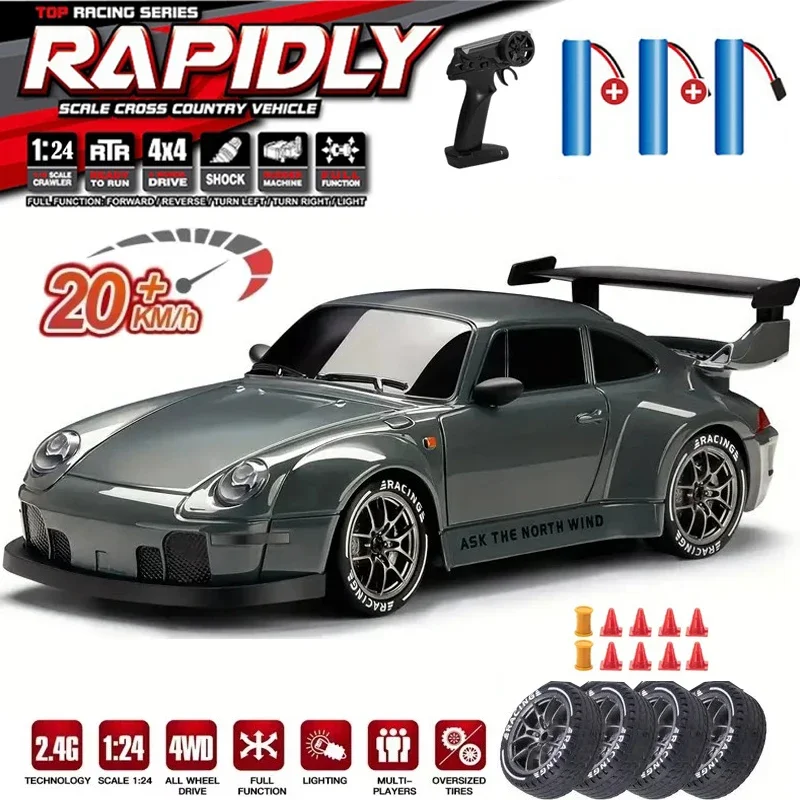 Carros RC 1:24, Carro de Controle Remoto 20KM/H 4WD, Carro RC de Alta Velocidade com Luzes LED e Pneus Extras para Drift, Veículos para Adultos e Crianças