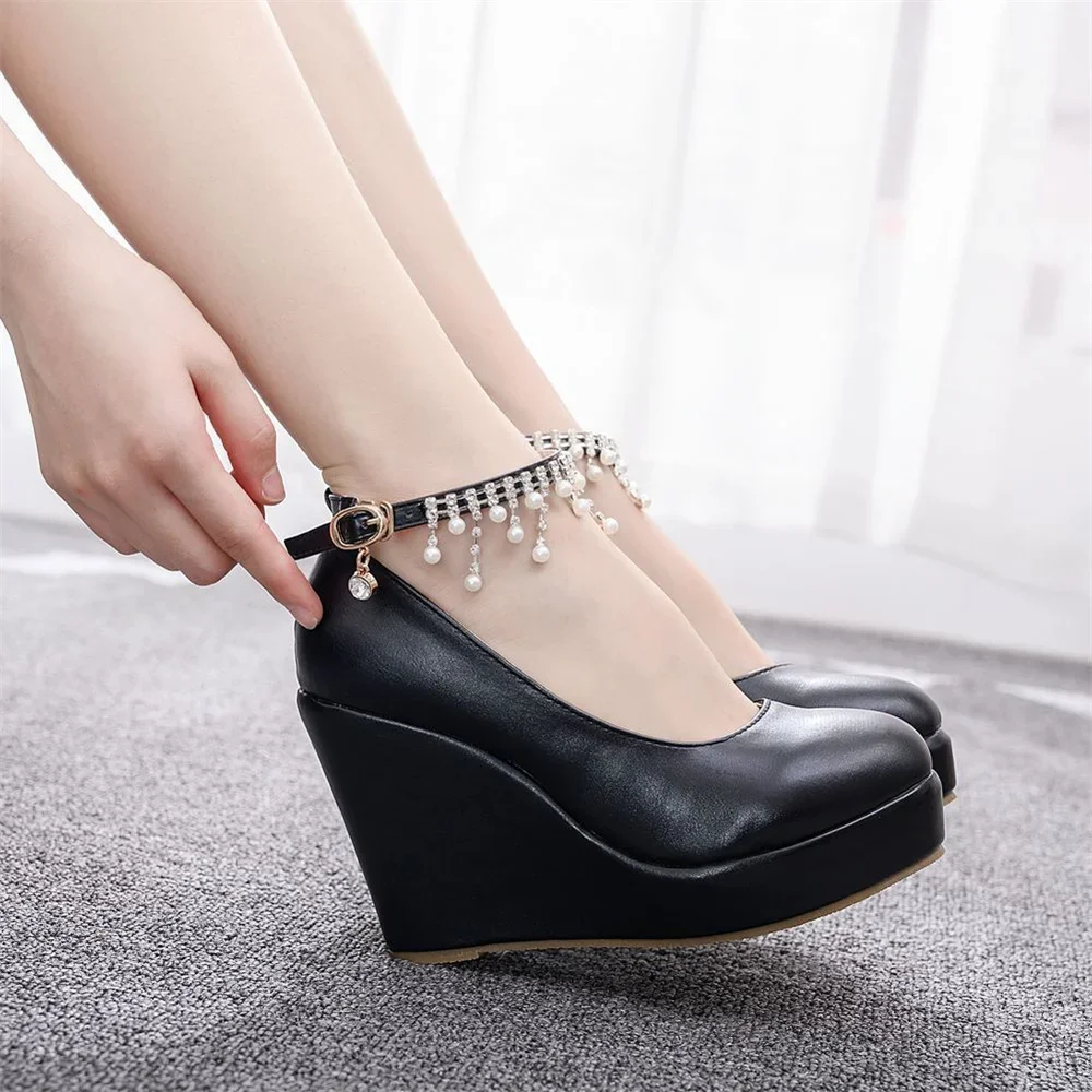 10.5 CM White Round Head Ankle Strap Platform Wedges Women Pump High Heels  Dress Shoes Tassel Beaded Size 41 42 43